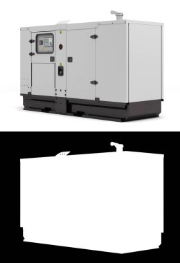Acil durum elektrik gücü için mobil dizel jeneratörü sol görünüm 3d alfa ile beyaz render