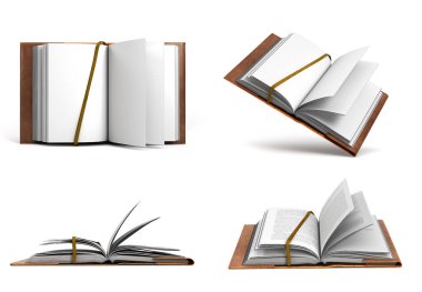 Deri kapaklı bir Açık Kitap seti. Beyaz üzerine 3D yorumlama. 