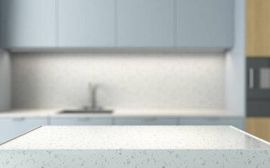 Boş bir bulanık ışık mutfağının arka planında sunum için mermer podyum