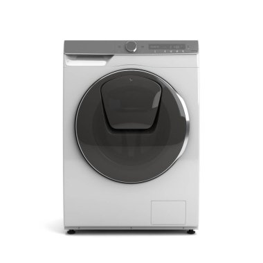 Yeni modern çamaşır makinesi ön görünümü beyaz üzerine 3D görüntüleme