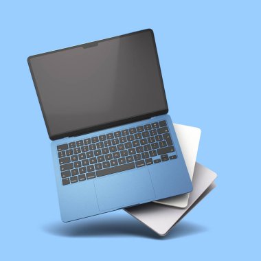 yeni renkler boş screan dizüstü bilgisayarlar sunumu hava 3d renginde mavi renkte uçar