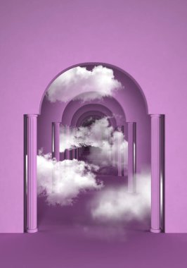 Gerçeküstü, rüya gibi bir sahne, kemerlerin arasından kayan yumuşak, tüylü bulutlarla birlikte uzaktaki mavi kemerli kapı aralıkları serisi. Minimalist kompozisyon, sakin, ruhani bir atmosfer yaratarak mimari elementleri harmanlıyor.