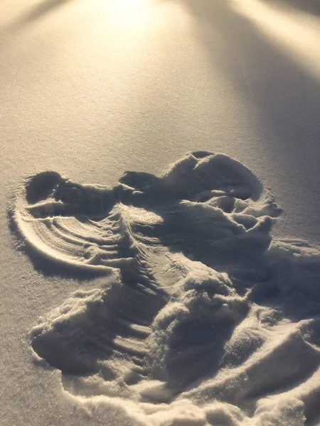 Kar Meleği Taze Karda Kar Üzerinde Düşük Açılı Güneş Işığı — Stok fotoğraf