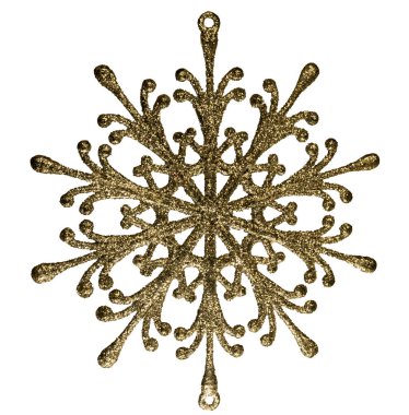 Küçük parıltılarla kaplı, kar taneleri şeklinde altın bir Noel süsü. Beyaz bir arkaplanda.