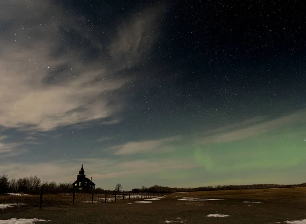 Star Filled Sky Green Aurora Old Abandoned Church Light Glowing — Stock Photo, Image
