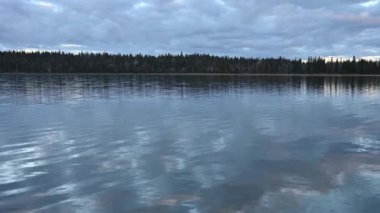 Büyük sakin bir gölde, ağaçlarla kaplı bir sahil şeridinde, mavi saatte geç saatlere kadar. Sudaki yavaş hareket eden dalgalar mavi ve pembe bulutları yansıtıyor..  