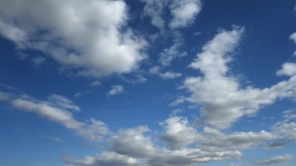 白い雲が明るい青い空を通り抜けていく 雲が視聴者から離れていく — ストック動画
