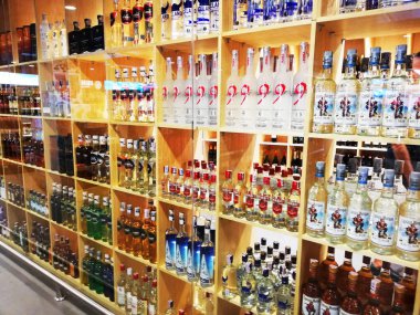 Bali,Indonesia - August 14 2022 : close up of beverage and spirit products at the store,placed on the glass 