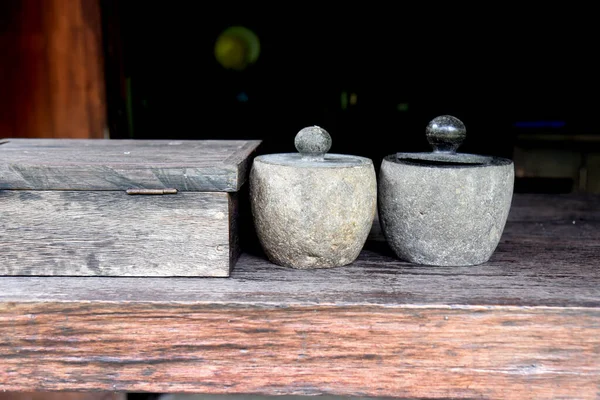 Caixa Sal Pimenta Feita Pedra Colocada Cozinha — Fotografia de Stock