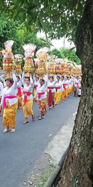 Bali, Endonezya - 21 Mart 2024: Bali Tapınak Festivali alayı sokakta bir çok renkli adak ile