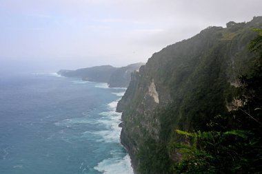 Kelingking Plajı, Nusa Penida adası Bali 'de, beyaz uçurum oluşumu ve gündüz vakti beyaz kum plajı