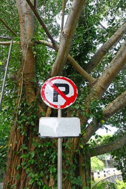 Büyük bir ağacın önüne yerleştirilmiş beyaz ve kırmızı renkte park işareti yok.