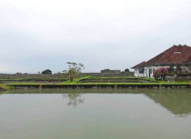 BALI, INDONEZYA-10 Mayıs 2025: Bali Endonezya 'nın Tabanan naipliğindeki Bolangan köyü. Beyaz ve mavi nefesli balık havuzlu balıkçı çiftliği binası.