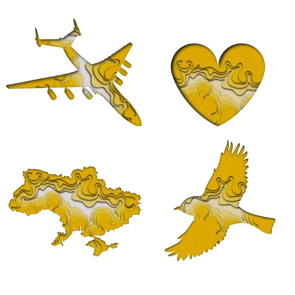 Illustration with paper cut out effects. Ukraine Map , Heart, Bird and Plane silhouetteins paper cut technique.