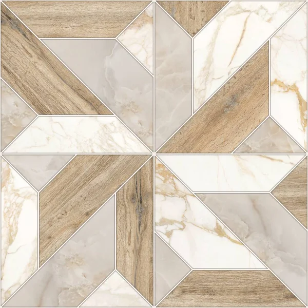 İç seramik duvarlar ve döşeme döşemeleri için kullanılan ahşap ve mermer desenli döşeme. Tahta ve mermer dokuları olan geometrik moda çizimi. modern seramik mozaik.