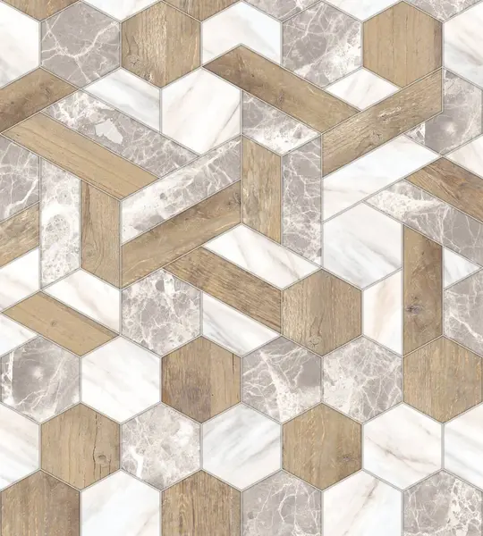 Geometrik dekorasyon. İç seramik duvarlar ve döşeme döşemeleri için kullanılan ahşap ve mermer desenli desen. Modern mermer mozaik, soyut arkaplan, duvar kağıdı, altıgen döşeme.