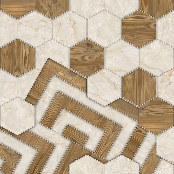 Geometrik dekorasyon. İç seramik duvarlar ve döşeme döşemeleri için kullanılan ahşap ve mermer desenli desen. Modern mermer mozaik, soyut arkaplan, duvar kağıdı, altıgen döşeme.