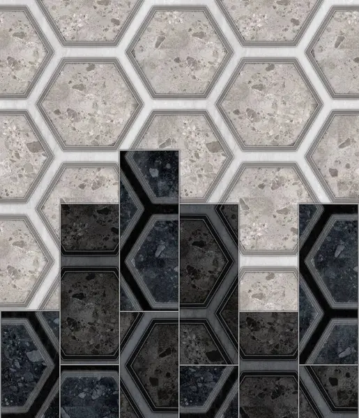 Geometrik dekorasyon. İç seramik duvarlar ve döşeme döşemeleri için kullanılan ahşap ve mermer desenli desen. Modern mermer mozaik, soyut arkaplan, duvar kağıdı, altıgen döşeme.