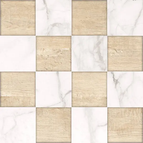 İç seramik duvarlar ve döşeme döşemeleri için kullanılan ahşap ve mermer desenli döşeme. Tahta ve mermer dokuları olan geometrik moda çizimi. modern seramik mozaik.