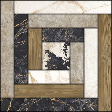 İç seramik duvar döşemeleri ve döşeme döşemeleri için kullanılan ahşap ve mermer desenli desen. Tahta ve mermer dokuları olan geometrik moda çizimi. Modern mozaik fayans. Parke döşeme.