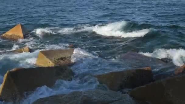 발아해에 바닷물에 분수령의 스페인 바르셀로나 해변에서 바라본 피어의 고품질 — 비디오