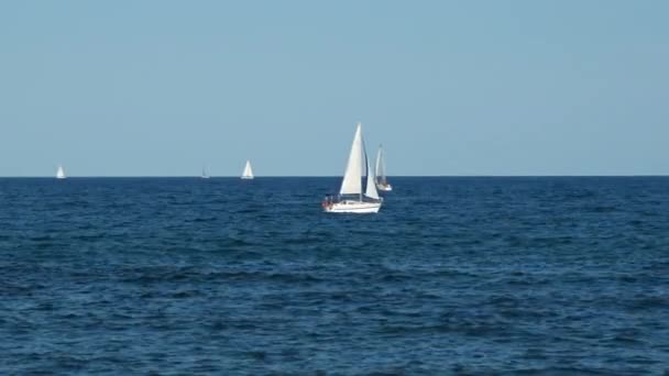 Spain Barcelona May 2022 View Balearic Sea Small White Sailboats — Stock Video
