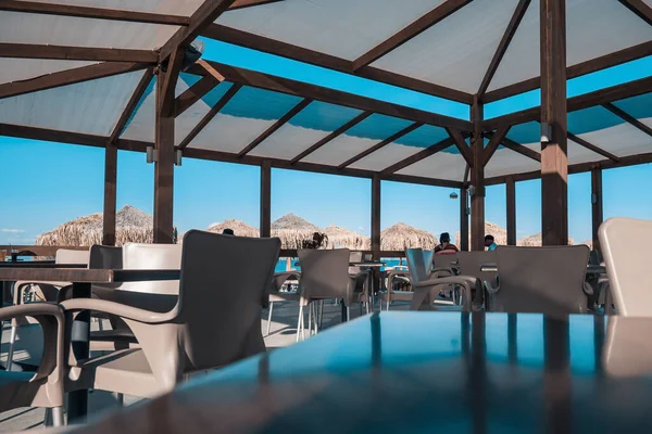 Cafe Het Strand Hotel Mensen Eten Rusten Moraitika Corfu Griekenland — Stockfoto