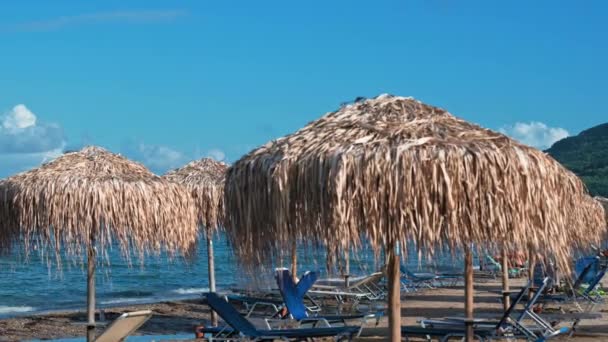 希腊莫莱蒂卡 2022年9月28日 在展望中的是棕榈叶做的海滩伞 作为背景 度假者们正在爱奥尼亚海附近的海滩上晒日光浴 高质量的4K镜头 — 图库视频影像