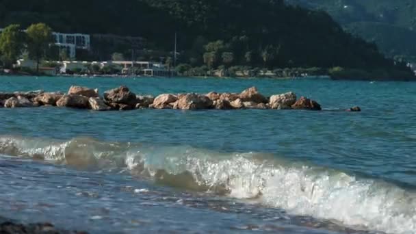 Pebble Beach Stone Pier Sea Waves Ionian Sea Moraitika Corfu — 비디오