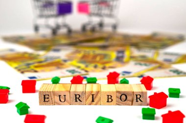 EURIBOR 'un Arkaplan Banknotları, Küçük Evler ve Alışveriş Sepetleri Üzerine Tahta Mektuplarla Yazıldığı Sözü. Kopyala yapıştır. Yüksek kalite fotoğraf