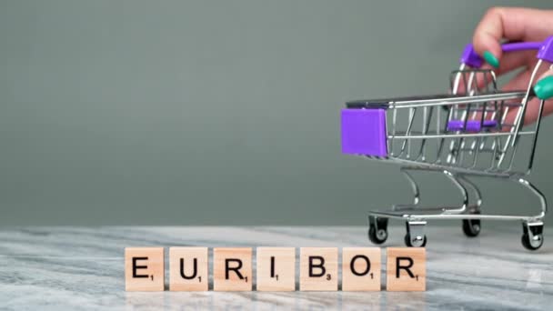 欧洲文字的静态射击是用灰色背景的木制字母书写的 在购物篮后面 妇女们手放着全球 降低购买力的概念 高质量的4K镜头 — 图库视频影像