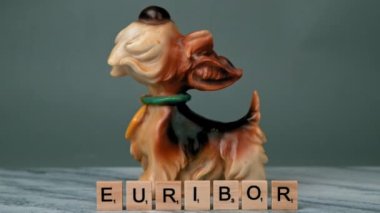 EURIBOR 'un Sabit Çekimi Gri Arkaplanda Tahta Harflerle Yazılıyor. Domuzcuk Kumbarası 'nın arkasında Köpek ve Kadın Eli 2 Avro Atıyor. Azalan Tasarruf kavramı. Yüksek kalite 4k