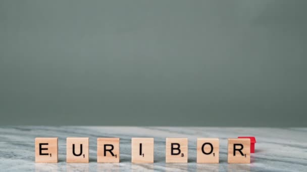 Wordの静的なショットEuriborは灰色の背景に木製の文字で書かれています 女性の手は文字に赤い色の小さな家をスローします 経済的景気後退の概念 高品質4K映像 — ストック動画