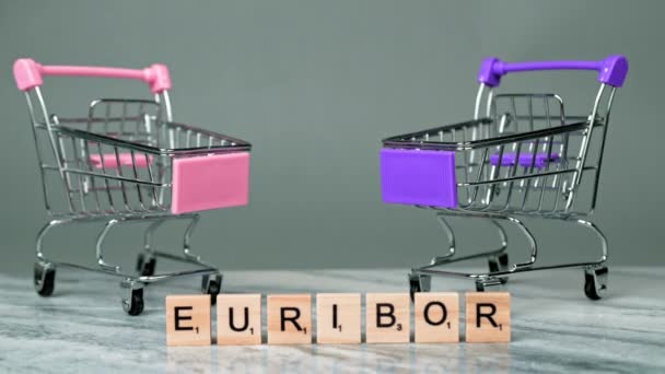 欧洲文字的静态射击是用灰色背景的木制字母书写的 在两个空购物篮后面降低购买力的概念 女人透过放大镜看 — 图库视频影像