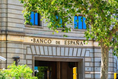 Barcelona, Spain - May 26 2022: The main entrance to the Bank of Spain in Plaza Catalunya. High quality photo