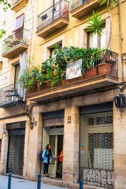Barcelona, Spain - May 26 2022: Narrow Streets Of Gothic Quarter With Beautiful Little Balconies With Wrought Iron Railings. High quality photo
