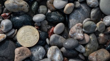 Kıyı boyunca uzanan büyük gri taşlardan oluşan bir zemin üzerine yerleştirilen altın Bitcoin para elektronik para biriminin çağdaş istikrarını sembolize ediyor. Yüksek kalite fotoğraf