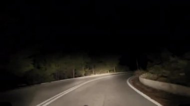 Arka planda ağaç olan karanlık bir yol. Yol parlak bir ışıkla aydınlanıyor.