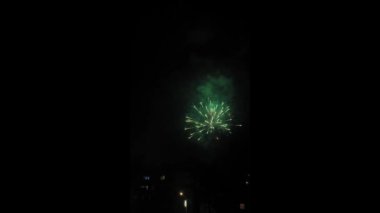 Parlak yeşil havai fişekler karanlık gökyüzüne karşı güzelce patlayıp aşağıdaki seyirciyi büyüledi. Şenlikli atmosfer, hareketli şehirde yeni yıl kutlamalarını simgeliyor..