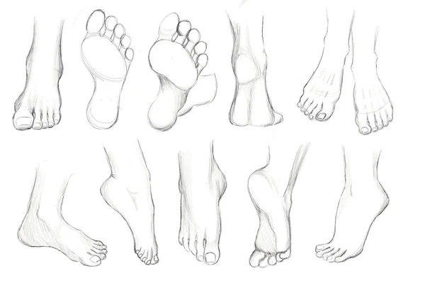 Menschliche Füße Verschiedenen Winkeln Und Rotationen Tutorial Skizzen Für Künstler — Stockfoto