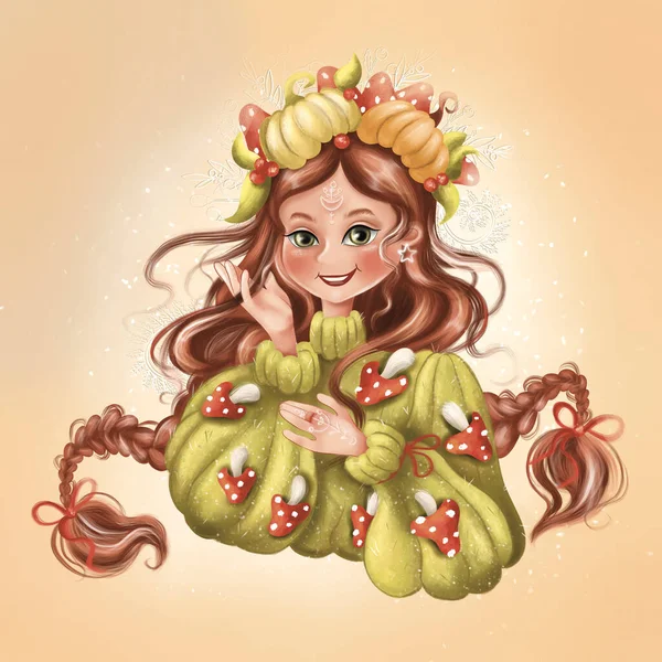 Fröhliches Süßes Mädchen Warmen Pullover Mit Fliegenpilzen Herbstliche Illustration — Stockfoto