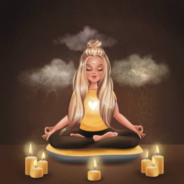 Tatlı bir kız mum ışığında meditasyon yapıyor. Bulutların ve kötü havanın etrafında, ama içinde sevgi ve huzur var..