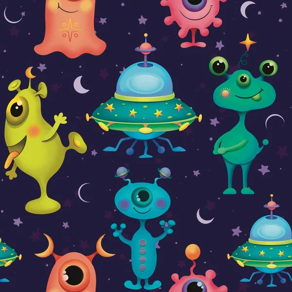 Space Seamless Pattern Aliens Flying Saucer Blue Background Can Used — ストック写真