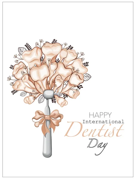 Creative card for the day of the dentist. A bouquet of teeth. professional holiday. International Dentist Day. Bouquet of dental drill, teeth and twigs.