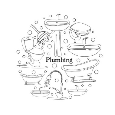 Vector advertisement for bathroom sanitary ware. Bath, washbasin, toilet, bidet, steal, shower and more. Vector illustration