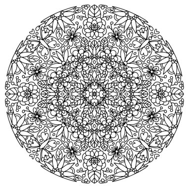Coloring book antistress in the form of a mandala. Floral ornament with various flowers and butterflies. Vector illustration