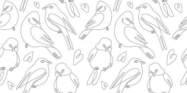 Seamless pattern of birds and hearts. International Bird Day. Print for packaging, printing on fabrics and backgrounds.