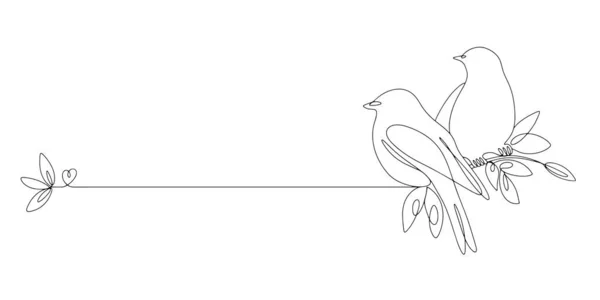 2羽の鳥が葉のある枝に座っている テキスト用の場所 シングルラインロゴ ベクターイラスト — ストックベクタ