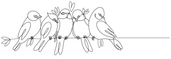 Five Birds Sit Branch Closely Pressed Together Company Friends Bird — Stockový vektor