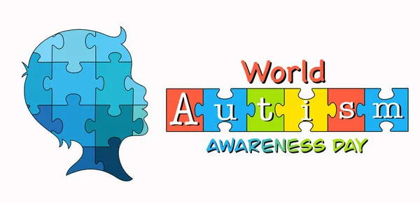 Illustration for the day of the spread of knowledge about the problem of autism. The boys head in the form of a puzzle. Puzzle as a symbol of the problem of autism. Banner, logo, icon.